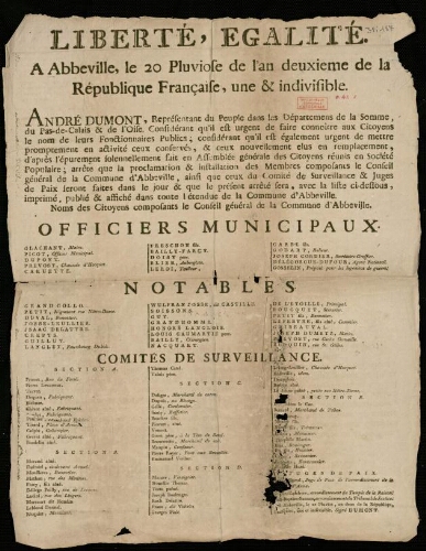 affiche révolutionnaire Liberté,Egalité. A Abbeville, le 20 Pluviose de l’an de uxième de la République Française ….