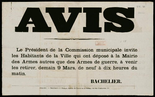 affiche 1870-1871 Avis. Abbeville : armes.