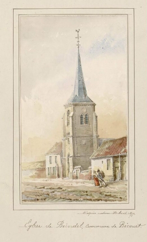 Église de Bécordel, commune de Bécourt. - Aquarelle d'Oswald Macqueron, d'après nature, 26 avril 1877.