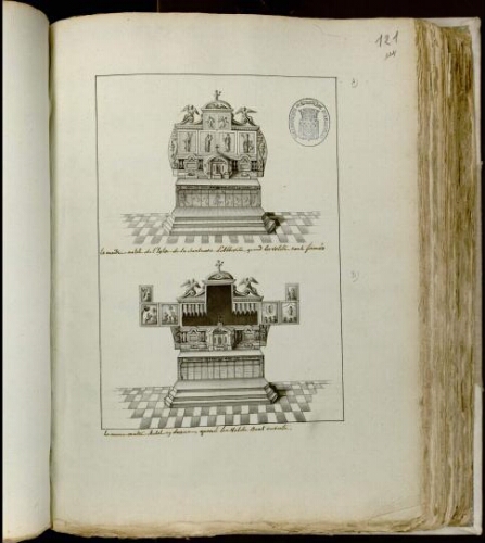 A) LEMaître-autel de l’église de la Chartreuse d’Abbeville, quand les volets sont fermés B) LEMêmEMaître-autel cy de ssus, quand les volets sont ouverts