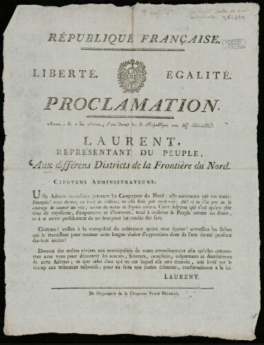 affiche révolutionnaire Laurent, représentant du Peuple, aux différens Districts de la Frontière du Nord.