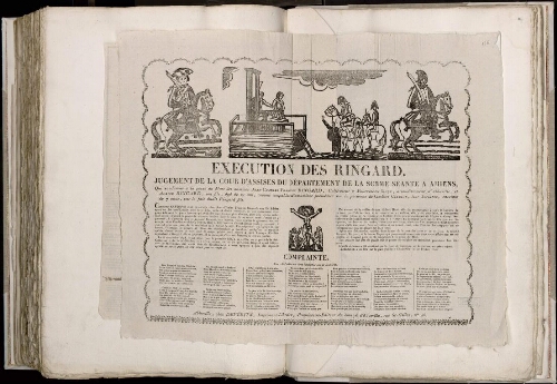 Exécution de s Ringard. Jugement de la cour d’assises du département de la Somme séante à Amiens, qui condamne à la peine de Mort les nommés Jean-Charles François Ringard, cultivateur à Fontaine-sur-Maye, arrondissement d’Abbeville, et Adrien Ringard, son fils, âgé de 21 ans, comme coupables d’assassinat prémédité sur la personne de Caroline Caudron, leur servante, enceinte de 7 mois, par le fait dudit Ringard fils. L’exécution de s de ux coupables est représentée en haut de la page. Sous l’article, une "complainte" - Abbeville, chez de vérité, imprimeur-libraire, propriétaire du "Journal d'Abbeville"