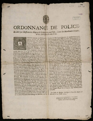 affiche Ancien Régime Ordonnance de Police . Rendue par Messieurs les Majeurs et Echevins de cette Ville, contre les Marchands Forains, et les Aubergistes de cette Ville.