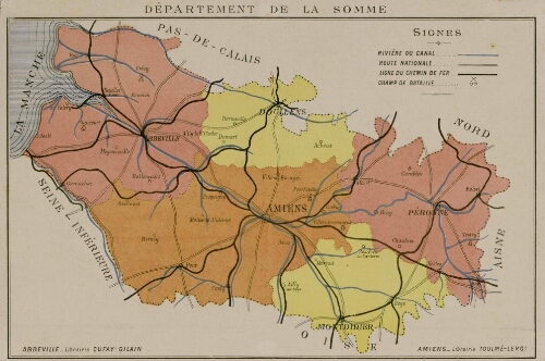 Département de la Somme. Carte routière : rivières, canaux, routes nationales, chemins de fer, champs de bataille.