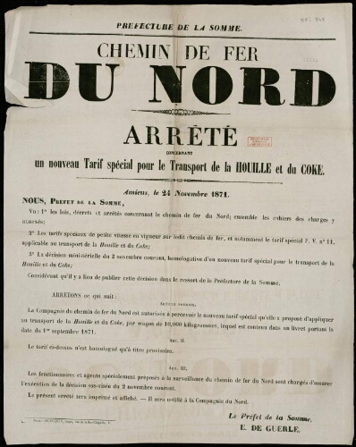 affiche 1870-1871 Préfecture de la Somme : Chemin de Fer du Nord. Arrêté concernant un nouveau tarif spécial pour le Transport de la houille et du coke.