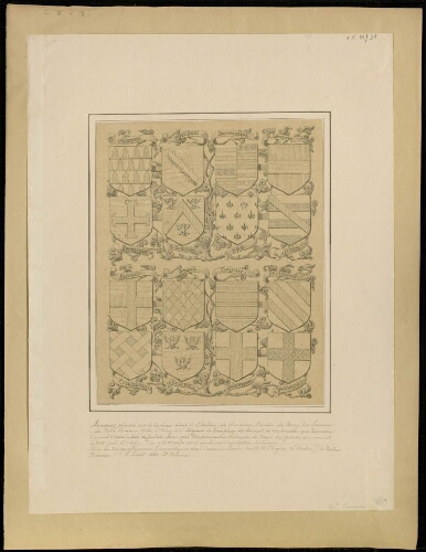 Armoiries placées sur le tombeau dans le château de Suzanne, canton de Bray sur Somme, de noble homme Gille d'Estourmel, seigneur de Templeux,...