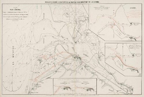 Projets d'amélioration de la navigation maritime de la Somme : Carte n° 1 : Plan général donnant la situation des passes et chenaux en 1835 et en 1874 et le projet de création de ports de refuge au Perroir d'Ault et à Cayeux reliés à St Valery par des canaux de navigation alimentés par l'eau de mer,... - Autog. J. Broise et Courtier, Paris.