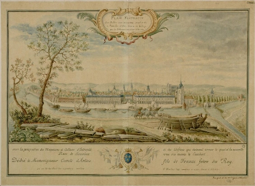 Plan figuratif d'un bassin pour les navires marchands à Abbeville et d'un chemin de hallage pour les gribannes remontant à Amiens : avec la perspective des magasins et celliers d'entrepôt et des édifices qui doivent orner le quai et la nouvelle Place Bourbon et des édifices qui doivent orner le quai et la nouvelle vue des monts Caubert. - Dédié à Monseigneur comte d'Artois, par son très humble et très respectueux serviteur P. Plantard, négociant, armateur et ancien Consul à Abbeville. Note : "L'original est chez Melle Gosse à Abbeville".