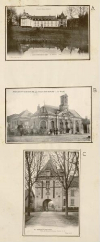 A) Méricourt-sur-Somme : le château. - Carte postale n°1. - P. Dupré, éditeur, Saint-Quentin. - Coll. « Picardie illustrée ». B) Méricourt-sur-Somme, par Bray-sur-Somme : la Mairie. - Carte postale. C) Méricourt-sur-Somme : porte du donjon de l'ancien château. - Carte postale n°121. - P. D. P. Dupré. Plaque Lumière. - Nota : depuis le 1er janvier 2017, le regroupement des communes d’Etinehem et de Méricourt-sur-Somme a donné naissance à la commune nouvelle d'Étinehem-Méricourt.