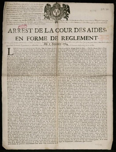 Affiche Ancien Régime. Arrest de la Cour des Aides, en Forme de Règlement.