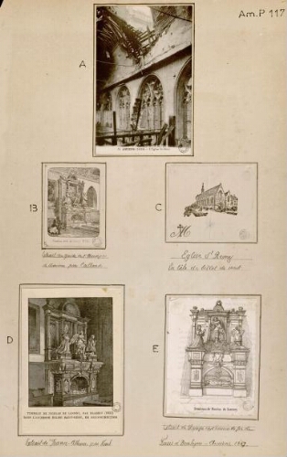 A) Amiens (1918) - L'église Saint-Rémi. - Carte postale, n°19. B) Tombeau de M. de Lannoy. - Extrait du "Guide de l'étranger à Amiens" par Calland. C) Église Saint-Rémy, en tête de billet de Mort. D) Tombeau de Nicolas de Lannoy, par Blasset (1632) dans l'ancienne église Saint-Rémy, en reconstruction. - Extr. de "France-Album" par Karl. E) Tombeau de Nicolas de Lannoy. - Extrait du "Voyage en chemin de fer de Paris à Boulogne", Amiens, 1847.