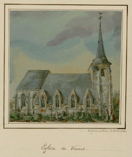 Église de Vismes. - Aquarelle d'Oswald Macqueron d'après nature, 31 août 1860.