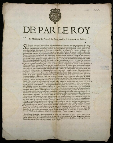 affiche Ancien Régime de par le Roy Et Monsieur le Prevost de Paris, ou son Lieutenant de Police.