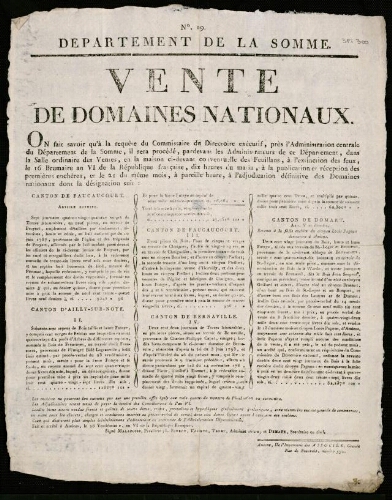 affiche révolutionnaire Département de la Somme : vente de domaines nationaux 16 Brumaire an VI.