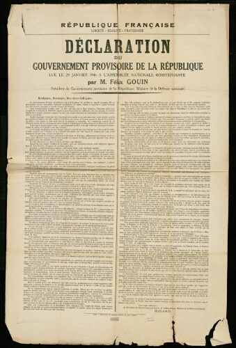 Affiche 1939-1945 : République française .... Déclaration du Gouvernement provisoire de la République, lue le 29 janvier 1946 à l’assemblée nationale constituante par M. Félix Gouin.