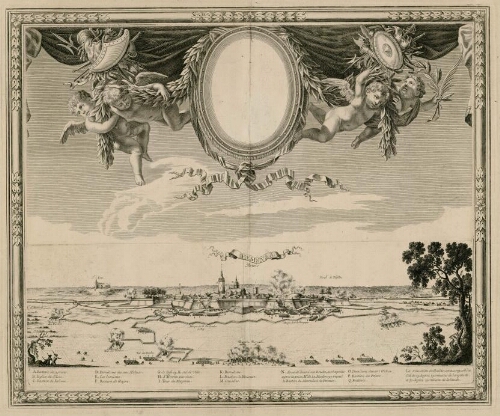 Hesdin, plan du siège de 1639, avec description des différentes positions militaires. Au-dessus, quatre angelots encadrent un grand cartouche sans la lettre.