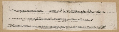 Vue de la terre depuis Dunkerque jusqu'à Calais lorsqu'on la cotoye. Vue de la terre depuis le Cap Blanc-Nez jusqu'à l'entrée de la rivière de la Somme, quand on la cotoye à deux ou trois lieues. Vue de la terre depuis l'entrée de St Vallery, en Somme juqu'à la Hêve, lorsqu'on la cotoye.