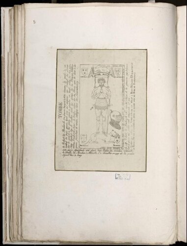 Représentation de la tombe de Robert de Bouberch (gisant du personnage en chevalier) avec notes explicatives, dont le détail de s armoiries représentées. On peut notamment lire : "Cette pierre sépulcrale était placée dans l’église de s Corde liers d’Abbeville (...).Robert de Bouberch, Ch (evali)er Sire de Chepi et de Gruisson qui trépassa l’an de grâce 1451". Le gisant est actuellement conservé à Amiens, au musée de Picardie