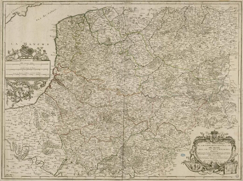 Carte topographique du gouvernement général de Picardie, avec toutes les frontières, dressée sur les mémoires les plus nouveaux et assujetie aux observations astronomiques, notamment a celles de M. Cassiny de Thury, dédiée au Roy par son très humble et très obéissant serviteur et fidèle sujet Desnos, ingénieur géographe pour les Globes et Sphères. - A Paris, rue St Jacques au Globe, 1766. - Gravé par Vallet, (cartouche) dessiné et gravé par Martinet.