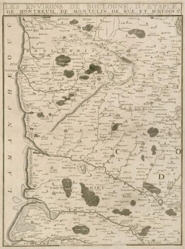 Les Environs de Boulogne, d'Etaple, de Montreuil, de Montulin, de Rue et d'Hêdin. (Carte du littoral entre Boulogne et Rue, représentant l’arrière-pays). - A Paris : chez I. F. Benard, géographe de sa Majesté Catolique et de monseigneur le Dauphin dans l'Isle du Palais, sur le quay de l'Orloge, à la Sphere royale, avec Privilege du Roy, 1743. 