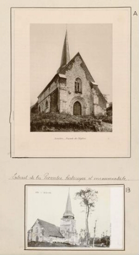 A) Aumâtre. Façade de l'église. - Extrait de "La Picardie historique et monumentale". B) Aumâtre. - Carte postale Amiens, Imp. Yvert et Tellier. Cliché C.B., n°136.