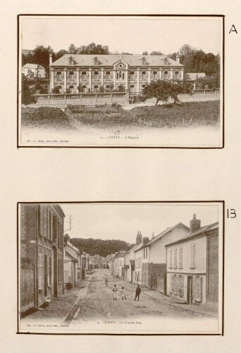 A) Conty : L'Hospice. - Carte postale n°11, 291 L. Caron, phot.-édit., Amiens. B) Conty : la Grande Rue. - Carte postale n°4, 284 L. Caron, phot.-édit., Amiens.