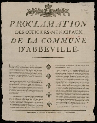 Affiche révolutionnaire. Proclamation des officiers-municipaux de la commune d'Abbeville.