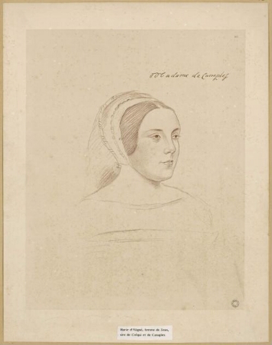 Marie d'Aligné, femme de Jean, sire de Créquy et de Canaples. (Il s'agit probablement de Marie d'Acigné, dame de Bois-Joly en Bretagne, fille d'honneur de la reine Claude de France, puis dame d'honneur de la reine Eléonore de Habsbourg. Elle épousa Jean VIII de Créquy, seigneur de Créquy, de Fressin et de Canaples en 1525).