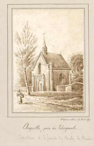 Chapelle près de Thiepval. - Aquarelle d'Oswald Macqueron, d'après nature, 29 avril 1877. Sépulture de la famille des Comtes de Bréda.