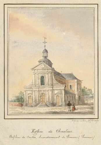 Église de Chaulnes. - Aquarelle d'Oswald Macqueron, d'après nature, 25 sept. 1867.