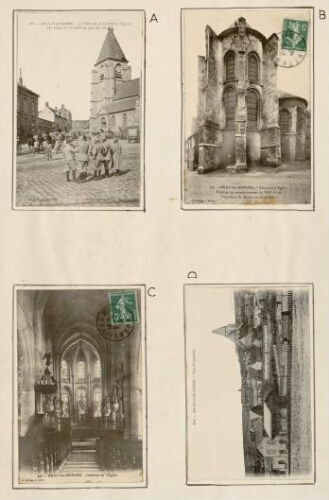 A) Bray-sur-Somme : la place de la Liberté et l'église. - Carte postale n°127. - G. Lelong, Amiens. Visé Paris n°378. B) Bray-sur-Somme : chevet de l'église : fenêtres du commencement du XIIIe siècle : transition du roman au gothique. - Carte postale n°367. - G. Lelong, à Albert. C) Bray-sur-Somme : intérieur de l'église. - Carte postale n°496. - G. Lelong, à Albert. C) Bray-sur-Somme : vue d'ensemble. - Carte postale n°194. - G. Lelong, Roc St Martin, Amiens.