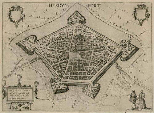 Hesdin, plan de la ville et des fortifications. Hesdyn Fort : Hesdinum oppidum et castrum in expugnabile, bello inter Caesarea nos et Gallos aestuante, excitatum.