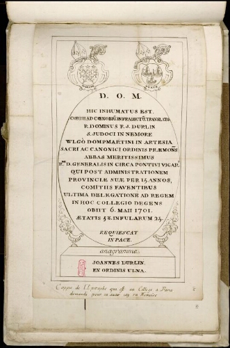 Coppie (sic) de l’épitaphe de Jean Durlin qui est au collège de Prémontré à Paris sur marbre, décédé le 6 mai 1701 de mandé pour en avoir icy un mémoire