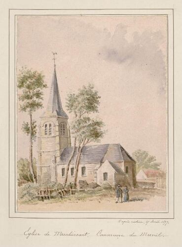 Église de Martinsart, commune du Mesnil. - Aquarelle d'Oswald Macqueron, d'après nature, 27 avril 1877.