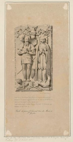 Tombe de Pierre d'Estournel tirée du musée de St Quentin. « Home de foi. Noble homme Pierre de storml seigneur de Venduyl Vendhuile, qui trépassa en la cité de Cambray le VIII jour de juillet au XVcXXVIII, fut enterré à St Giry quand on fit le chastiau me … Cy gist mademoiselle Andrien (Adrienne) Destorml fille dudit Se Destorml qui trépassa l’an mil V cent et… » - Lith. de Thierry frères. - Extrait de "Voyages pittoresques en France" par le Baron Taylor. - Nota : Pierre d’Estourmel est d'abord inhumé dans l'église Saint-Géry de Cambrai. Puis ses restes sont ensuite transportés dans l'église paroissiale de Vendhuile où ils sont réunis à ceux de sa famille et recouverts de ce monument funéraire. Ce monument a sans doute été réalisé du vivant de sa fille Adrienne. A l'époque de la Révolution, le tombeau est renversé, puis jeté hors de l'église. Un maire de Vendhuile, M. Audin, vers 1845, fait don de la dalle au musée de Saint-Quentin qui la dépose dans le vestibule du Palais de Justice (Fervaques). Le musée a déposé l’œuvre à la basilique en 1977. L'épitaphe est inachevée. Les armoiries sculptées entre les personnages et sur leurs vêtements sont celles de la famille Creton d'Estourmel : de gueules à la croix crételée d'argent.