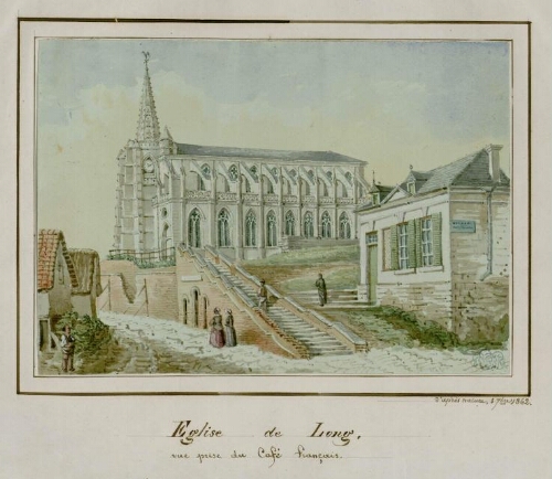 Église de Long. Vue prise du café français . D'après nature, 3 septembre 1862.