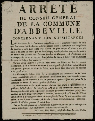 affiche révolutionnaire Arrêté du Conseil Général de la Commune d'Abbeville concernant les subsistances.