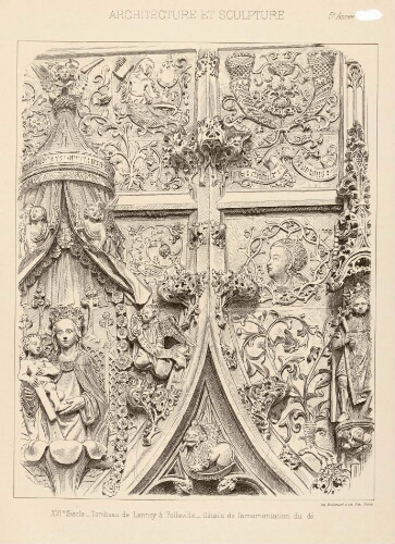 XVIe siècle - Tombeau de Lannoy à Folleville - Détail de l'ornementation du dé. - Imp. Vieillemard et ses fils, Paris. - Extrait de "Architecture et sculpture", 5e année.