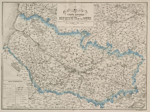 Carte routière et administrative du département de la Somme dressée d'après les documents officiels les plus récents indiquant les chemins de fer, canaux, rivières, routes,... éditée par Boldoduc Frères, lithographes à Lille.