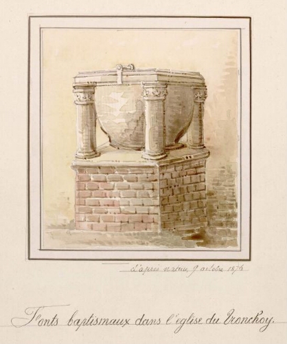 Fonts baptismaux dans l'église du Tronchoy. - Aquarelle d'Oswald Macqueron, d'après nature, 9 oct. 1876. - Nota : Tronchoy est une ancienne commune française située dans le département de la Somme. de puis 1972, elle est associée à la commune d’Hornoy-le-Bourg, comme les communes de Selincourt, Lincheux-Hallivillers, Orival, Gouy-L’Hôpital et Boisrault.