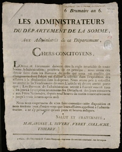 affiche révolutionnaire Les Administrateurs du Département de la Somme aux Administrés de ce Département.