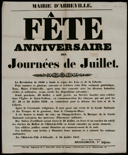 Affiche 1800-1865. Mairie d'Abbeville : Fête anniversaire des Journées de Juillet