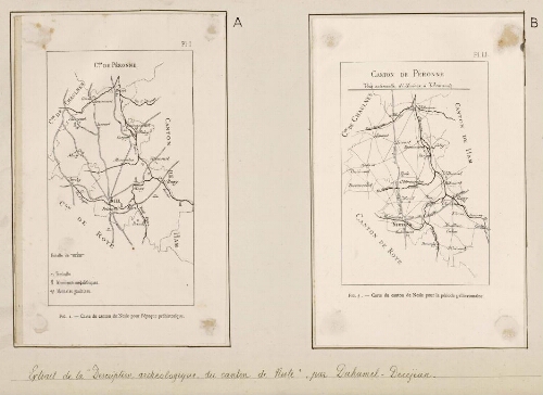 A) Carte du canton de Nesle pour l'époque préhistorique. B) Carte du canton de Nesle pour la période gallo-romaine. - Extraits de la "description archéologique du canton de Nesle" par Duhamel-Decejean, 1884.