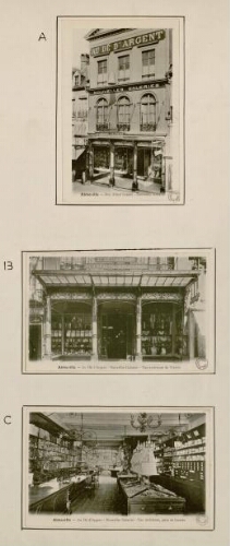 A) Abbeville : rue Alfred Cendré - Nouvelles Galeries. Carte postale. B) Abbeville : Au Dé d'Argent - Nouvelles Galeries - Vue extérieure de l'entrée. Carte postale. C) Abbeville : Au Dé d'Argent - Nouvelles Galeries - Vue intérieure, prise de l'entrée. Carte postale.