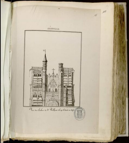 Abbeville : vue du clocher de St Wulfran Saint-Vulfran tel qu’il était en 1695. - Lith. L. Gillard, Abbeville