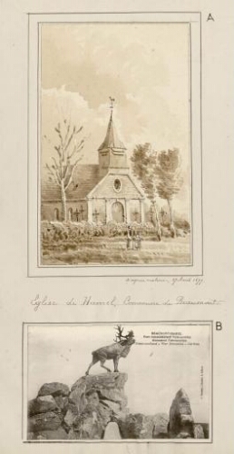 A) Église de Hamel, commune de Beaumont. - Aquarelle d'Oswald Macqueron, d'après nature, 27 avril 1877. B) Beaumont-Hamel : Parc commémoratif terreneuvien, monument terreneuvien. - Carte postale O. Grossel, libr., à Albert.