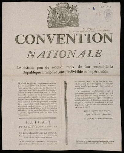 affiche révolutionnaire Convention Nationale. Le sixième jour du second mois de l’an second de la République ….