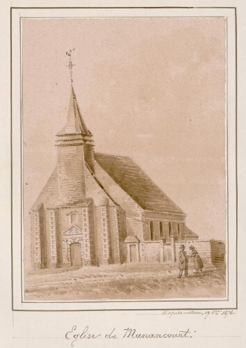 Église de Manancourt. - Aquarelle d’Oswald Macqueron, d'après nature, 19 octobre 1876. - Nota : en 1925, la commune est renommée Étricourt-Manancourt.