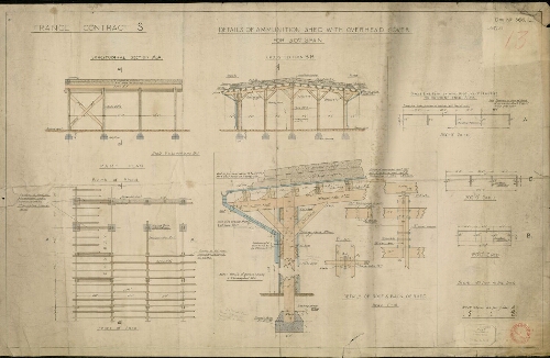 Cartes et Plans 1914-1918 : details of ammunition shed with overhead cover for 30FT Span. (détails de hangar à munitions avec couverture aérienne pour une portée de 30 pieds). - D. of Works n°2487, 10 nov. 1916, H.Q., I.G.C.