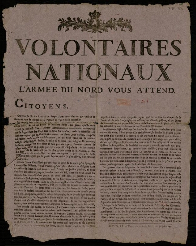 affiche révolutionnaire Volontaires nationaux : l'Armée du Nord vous attend.